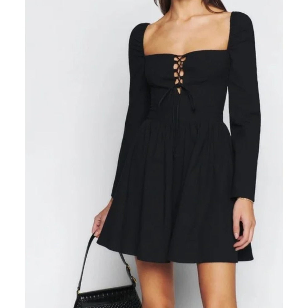 Reformation Johnny Mini Dress Womens 6 Black Square Neck Lace Up Cotton NWT